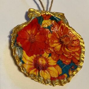 Handcrafted Shell Ornament Orange Floral Gold Decoupage